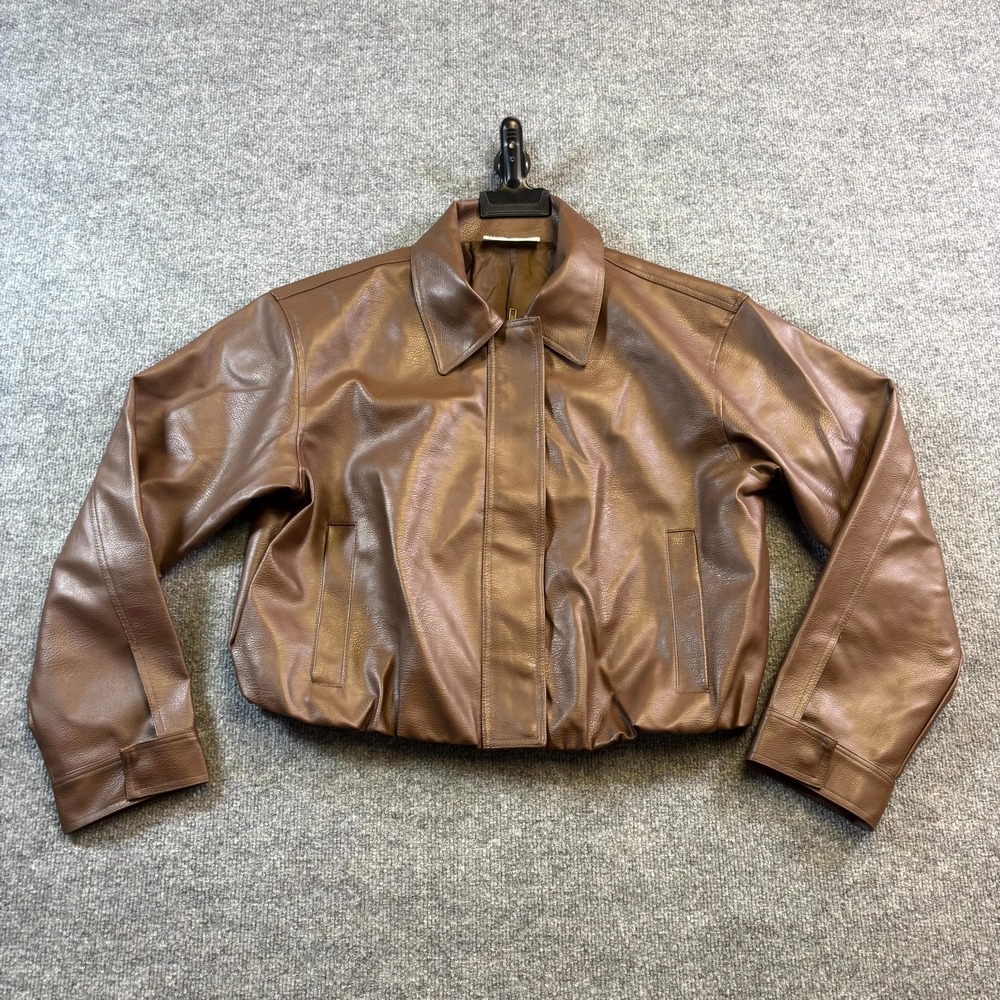 No Boundaries Bomber Jacket Womens XL (16-18) Brown Faux Leather Cropped Zip-Up